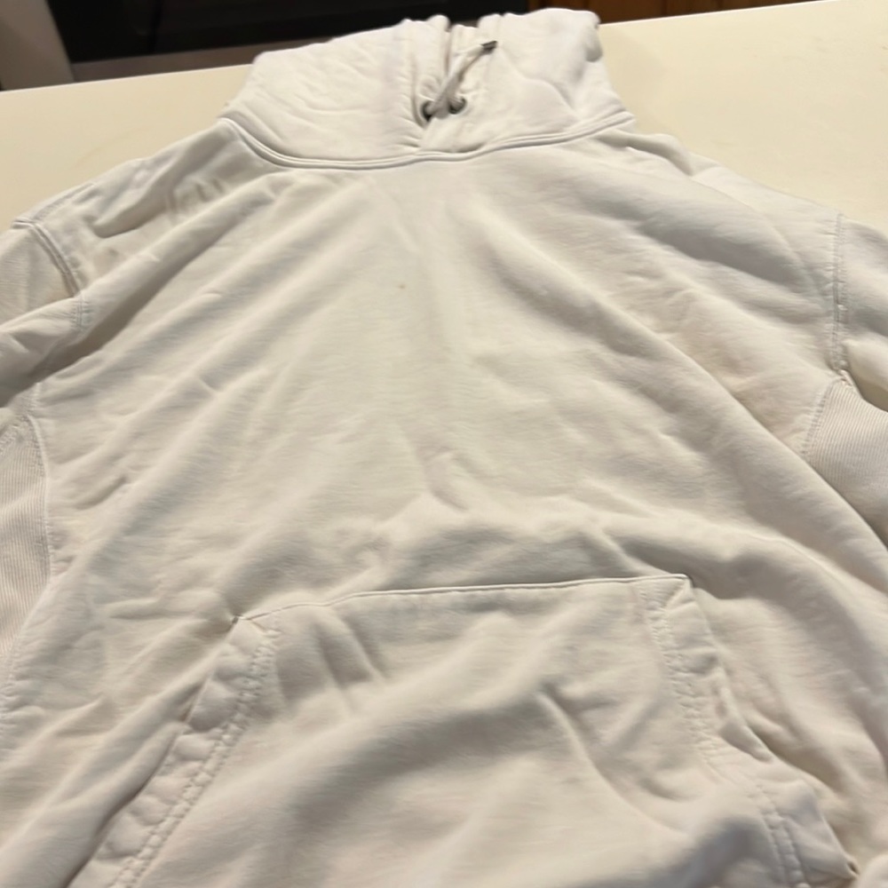 Mens vintage fleece Jcrew hoodie. Small stain on front. Small rips